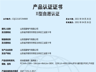 综合配电箱（配电板）认证证书